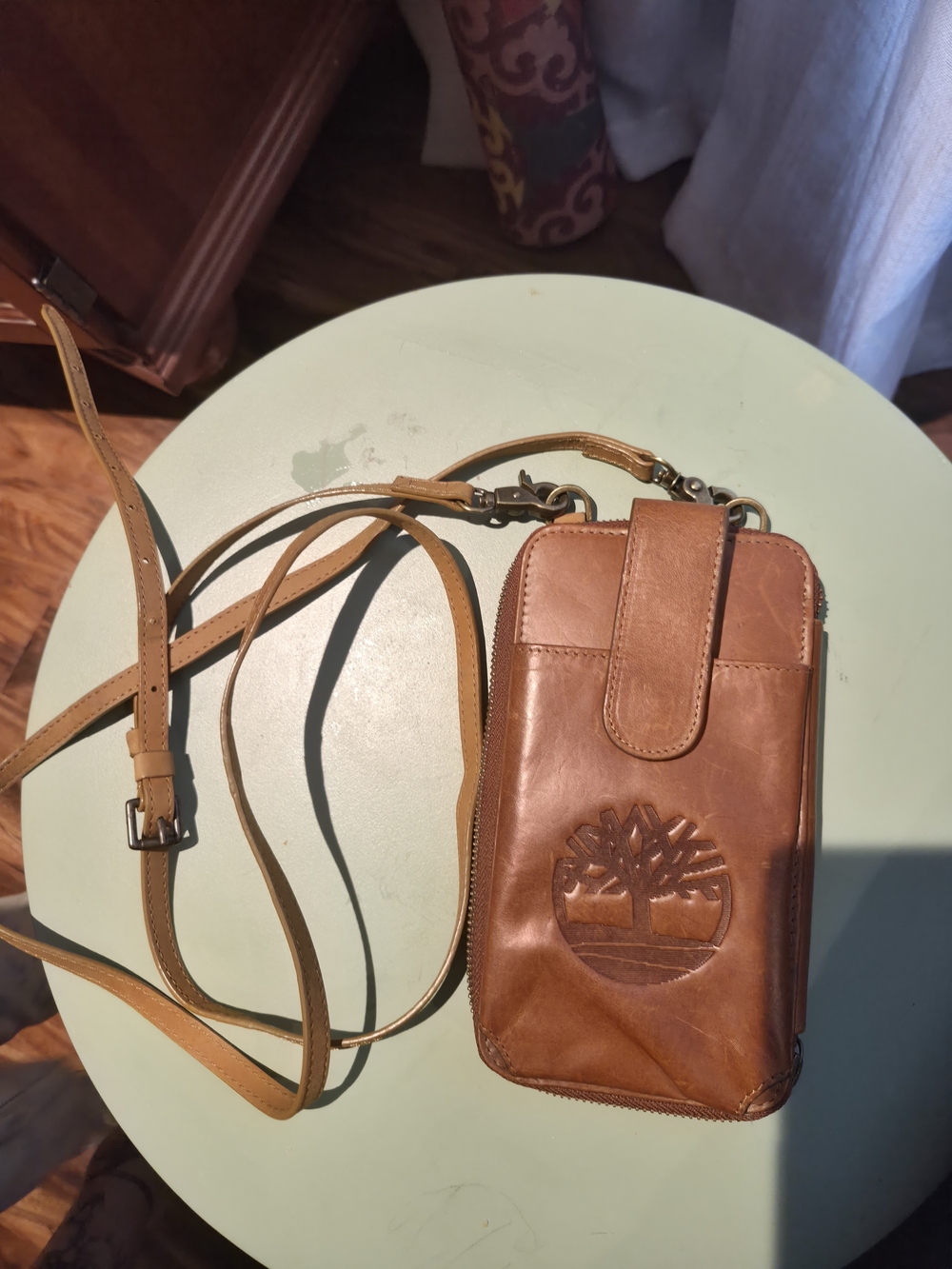 Timberland Tan Leather Crossbody Phone Case with Embossed Tree